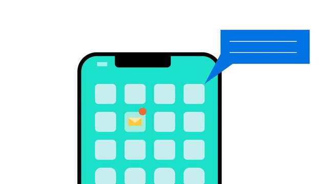 Smartphone interface screen with an unread envelope icon and blue text speech bubble pointing to the app grid. 4K resolution, 2D motion graphics with alpha channel.