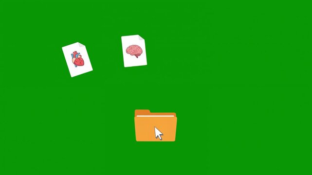 Medical document icons moving into a digital folder on green screen