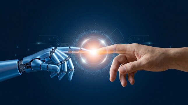 Human finger touching blue robotic hand with glowing AI connection, future technology innovation concept