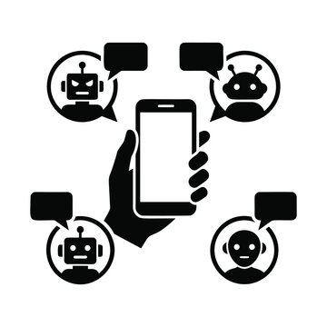 Hand holding smartphone surrounded by chat bot avatars vector icon for automated customer service, mobile AI support, and botnet spam networks.