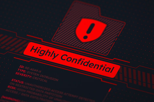 Cybersecurity breach warning screen showing highly confidential data leaked and system intrusion critical alert.