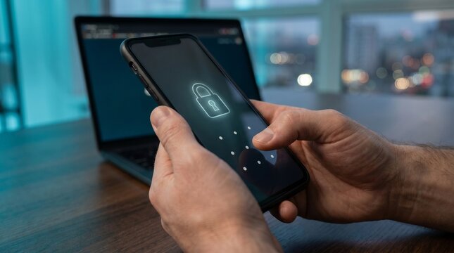 Close up hands unlocking smartphone with secure passcode, mobile authentication, privacy protection, cybersecurity concept