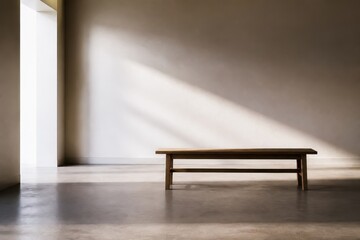 Fototapeta premium Empty room with wooden bench and sunlight streaming through creating a minimalist, tranquil setting