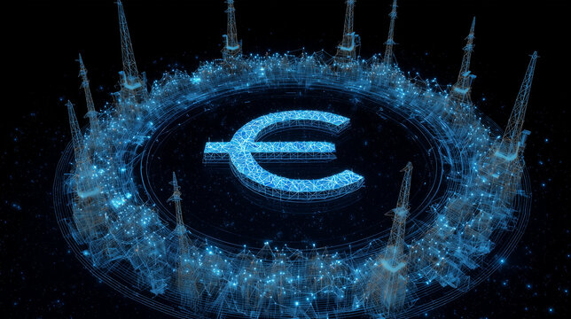 Glowing wireframe euro symbol surrounded by concentric rotating network rings and lattice towers in neon blue