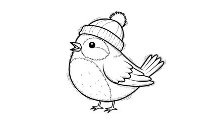Fototapeta premium Detailed pencil sketch of a cute chubby little garden bird wearing a knitted winter pompom hat in outline style.
