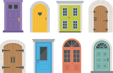 Naklejka premium Front door, building entrance icon collection including residential doors, apartment entryways, house facades, and architectural door elements in colorful cartoon vector style 