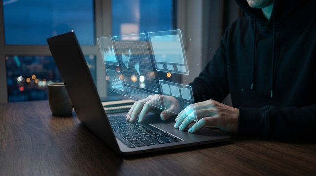 Anonymous cybersecurity analyst using laptop with futuristic holographic data interface in low light workspace