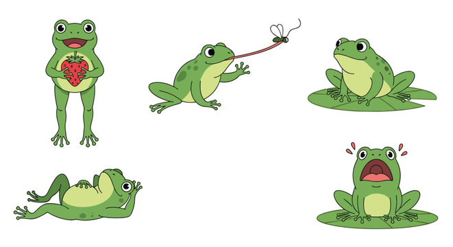 Set of cute cartoon green frog characters depicted in various playful poses, actions, and expressions on a white background.
