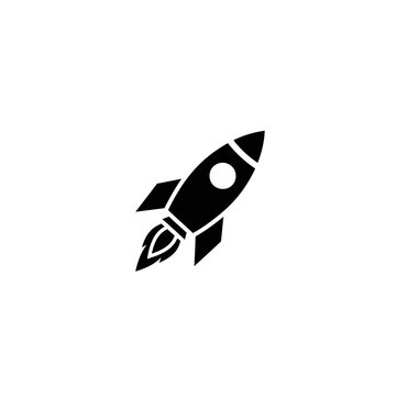 Black rocket ship icon launching with fire exhaust on white background, vector illustration