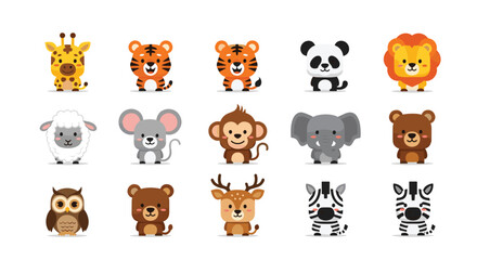 Obraz premium Adorable collection of fifteen baby animal characters in flat design, featuring a tiger, panda, lion, zebra, and monkey.