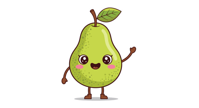 Cute green pear fruit character waving one hand and smiling happily with big shiny eyes on a white background.