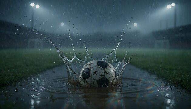 A soccer ball splashing into a puddle on a pitch during rain, water droplets frozen in mid-air, dark moody lighting