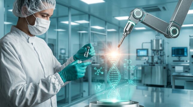Scientist in sterile biotech lab using robotic arm and holographic DNA for advanced genetic engineering research