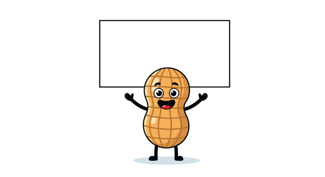 Happy cartoon peanut character holding a large blank white banner above its head, standing on a white background.