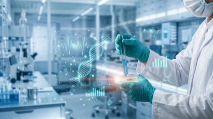Medical researcher analyzing blue liquid sample in modern laboratory with DNA hologram and...