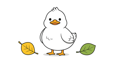 Fototapeta premium Cute little white duckling character standing happily between autumn yellow and green fallen leaves over white background.