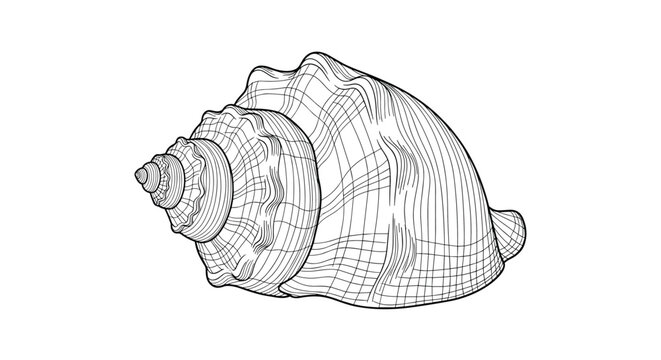 Detailed hand drawn conch shell with fine engraving lines and realistic textures, isolated on a clean white background.