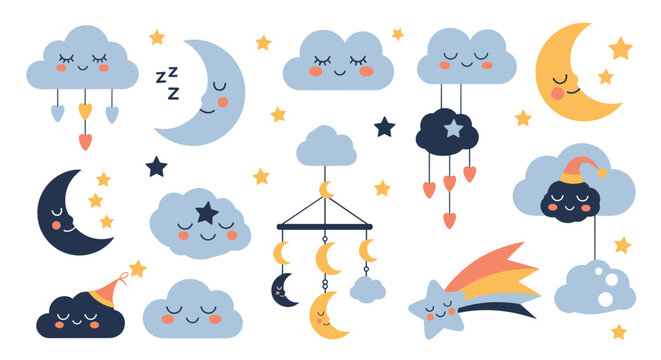 Cozy baby nursery decor set containing cute sleeping clouds, happy crescent moons, shining stars, and baby mobile cradle.
