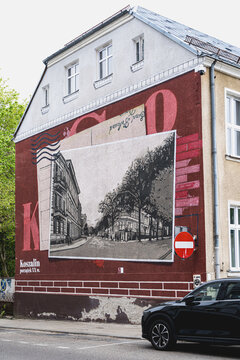 Historic postcard mural on a building facade on May 11, 2026 in Koszalin, Poland