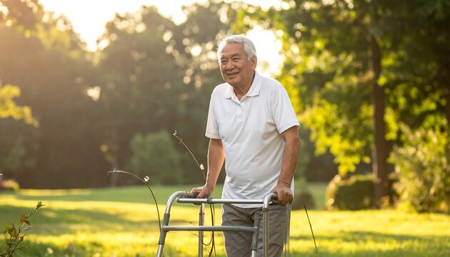 Smiling Elderly Man Standing with Walker in Sunny Green Park