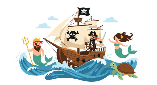 Colorful illustration of a wooden pirate ship sailing on blue waves accompanied by a merman, mermaid, and turtle.