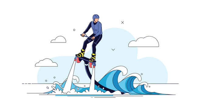 Dynamic vector illustration of an athlete performing flyboarding tricks over high blue ocean waves under clouds.