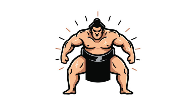 Powerful sumo wrestler standing in crouching preparatory stance with muscular build vector mascot illustration.