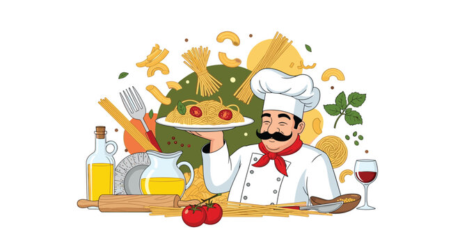 Italian chef with mustache holding a hot plate of spaghetti with tomato sauce surrounded by pasta ingredients.