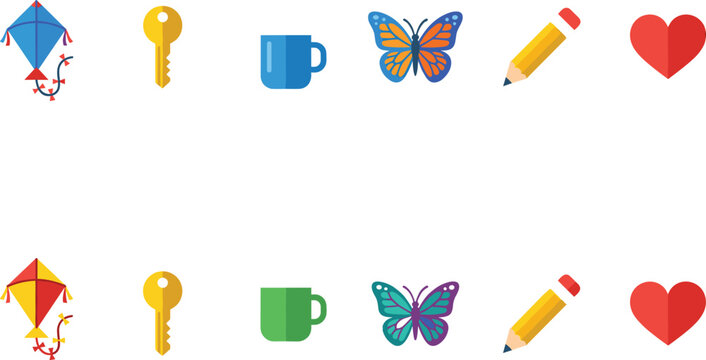 Flat Vector Icon Set Featuring Flying Kites Security Keys Coffee Mugs Colorful Butterflies Stationary Pencils and Red Love Hearts for Lifestyle Graphic Designs