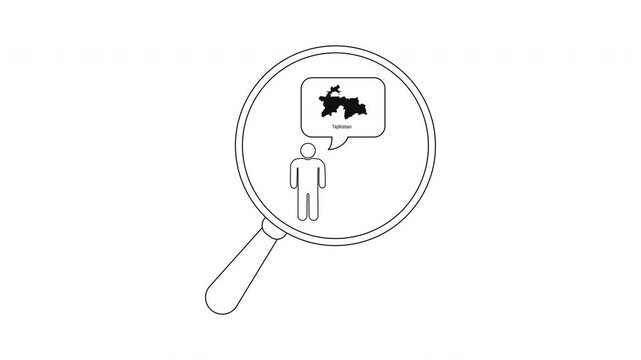 Magnifying glass over a person with a thought bubble showing a map of Tajikistan.