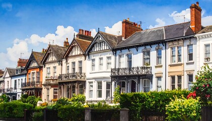 Naklejka premium Colorful Victorian Terrace Houses Lined Along Sunny Residential Street
