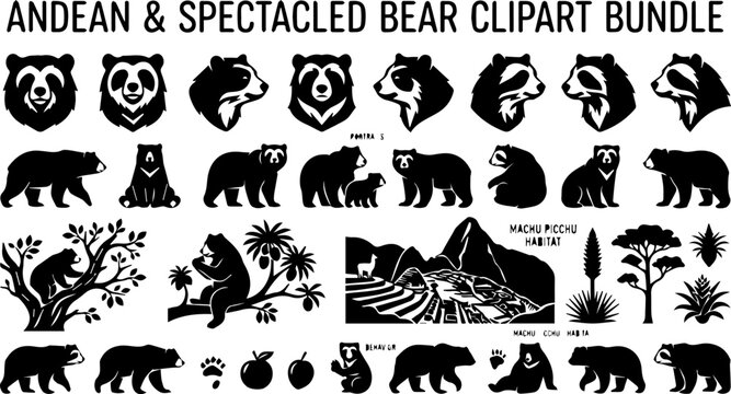 Spectacled Bear Silhouette Set &ndash; Andean Bear, Wildlife Icon, Mountain Forest Animal Icons
