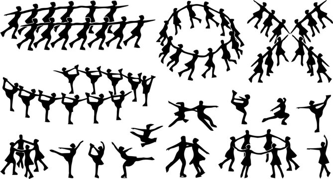 Traditional Folk Dance Group Silhouette Set &ndash; Circle Dance, Cultural Performance, Festival Icons
