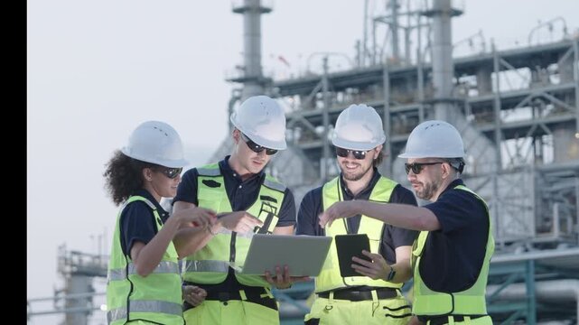 Five professionals collaboratively assess complex industrial machinery during focused inspection at large manufacturing plant, wearing protective gear and reviewing data on laptop.