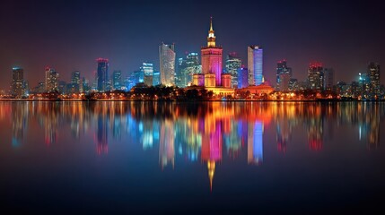 Fototapeta premium Illuminated metropolitan skyline reflects vividly in calm dark water during nighttime hours