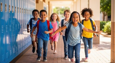 Fototapeta premium Diverse Group of Happy Elementary School Children Running Down Hallway with Backpacks Near Blue Lockers