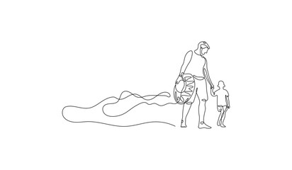 Obraz premium Father and son walking on beach in continuous one line drawing style