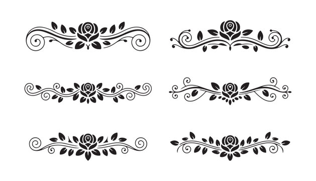 Elegant collection of six horizontal floral dividers with rose flowers for invitation borders.