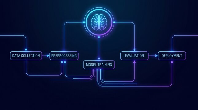 Artificial intelligence workflow diagram with machine learning model training steps infographic