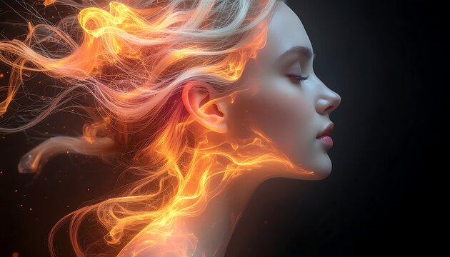 Fire Elemental Woman Portrait with Flowing Flames