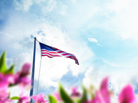 American Flag with flowers over sky