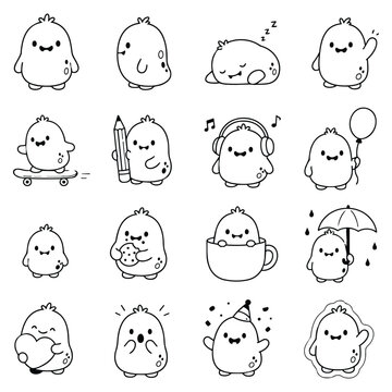 Cute Kawaii Doodle Monster Set. Adorable hand drawn cartoon monsters showcase various emotions and activities. A sweet collection of friendly, playful kawaii doodles, perfect for children's designs.