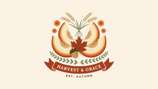 Pumpkin wedges radiating around maple leaf harvest emblem &ndash; Suitable for greeting cards, fall produce marketing, or gratitude blogs.