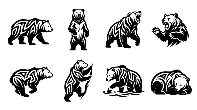 Set of black and white tribal style bear illustrations in various poses.