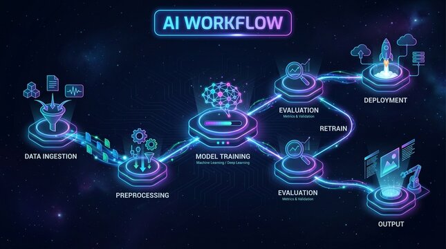 AI workflow diagram with isometric machine learning model training and retrain process infographic