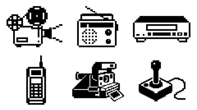 Retro electronic devices and gadgets.pixel art,8 bit retro,vintage 