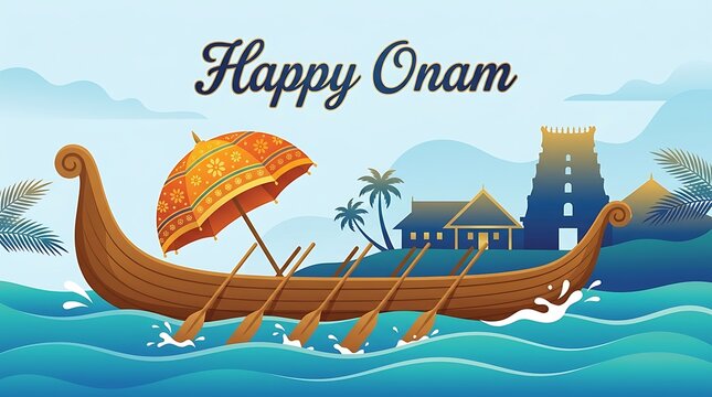 Happy onam festival background with traditional snake boat and temple illustration