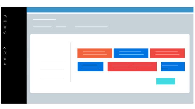 A website software dashboard interface with a side menu bar, colorful layout content blocks, and a purple cursor arrow pointer. 4K resolution, 2D motion graphics with alpha channel.