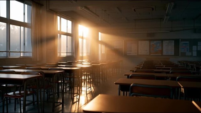 Empty school classroom with bright morning sunbeams streaming through windows