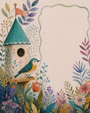 Cute Birdhouse Illustration for Children Invitation and Spring Nursery Design